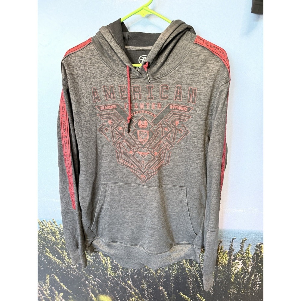 American Fighter Hoodie Mens M Gray Red Graphic Pullover Buckle
